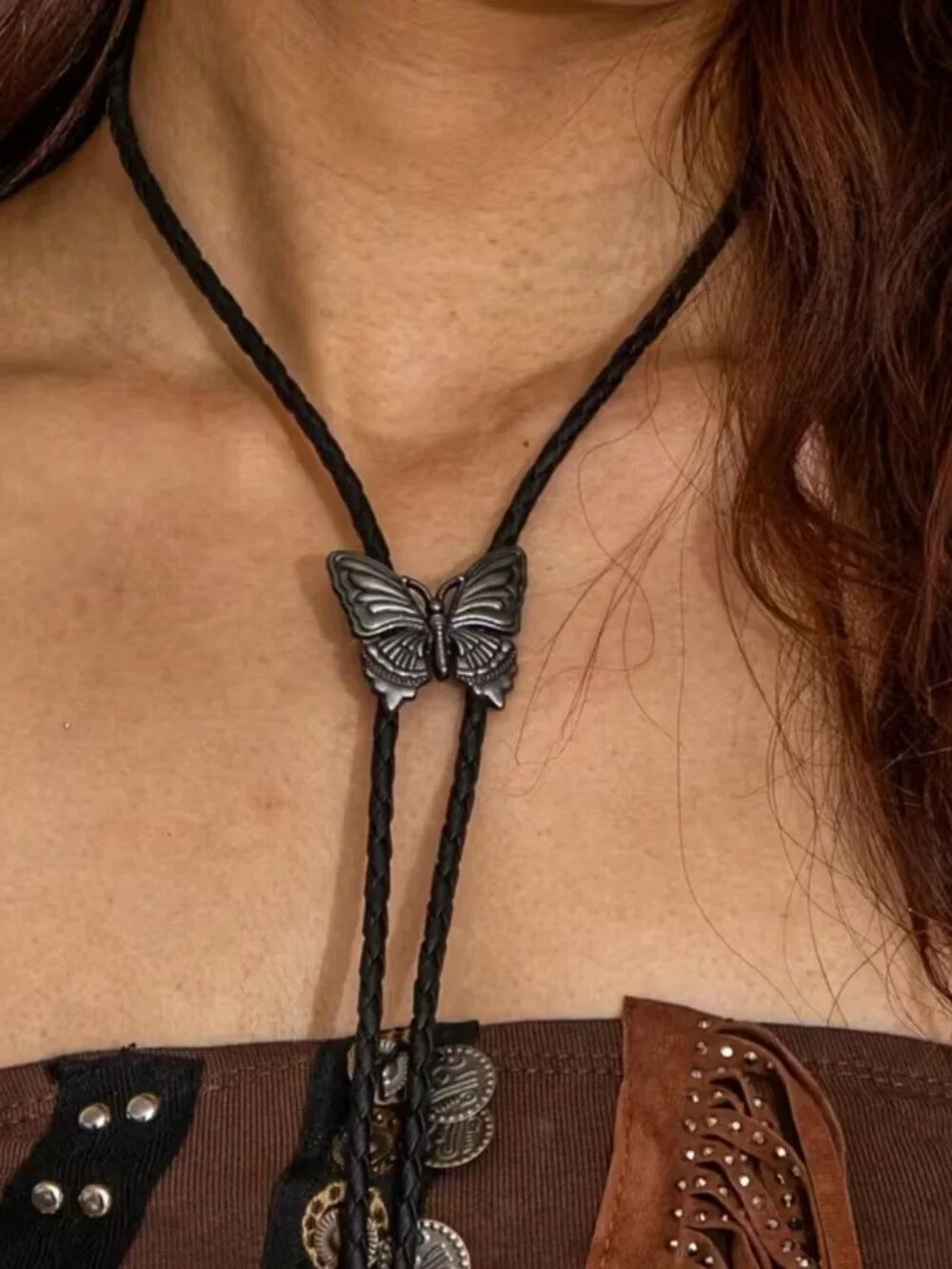 NWT Butterfly Bolo Tie Vintage Western Cowboy Aged Silver Vegan Leather Cord